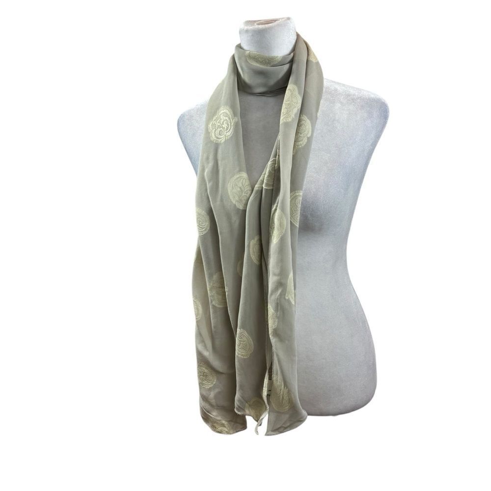 New without tags Ladies Grey Chiffon Scarf with Ivory Embroidered Flowers